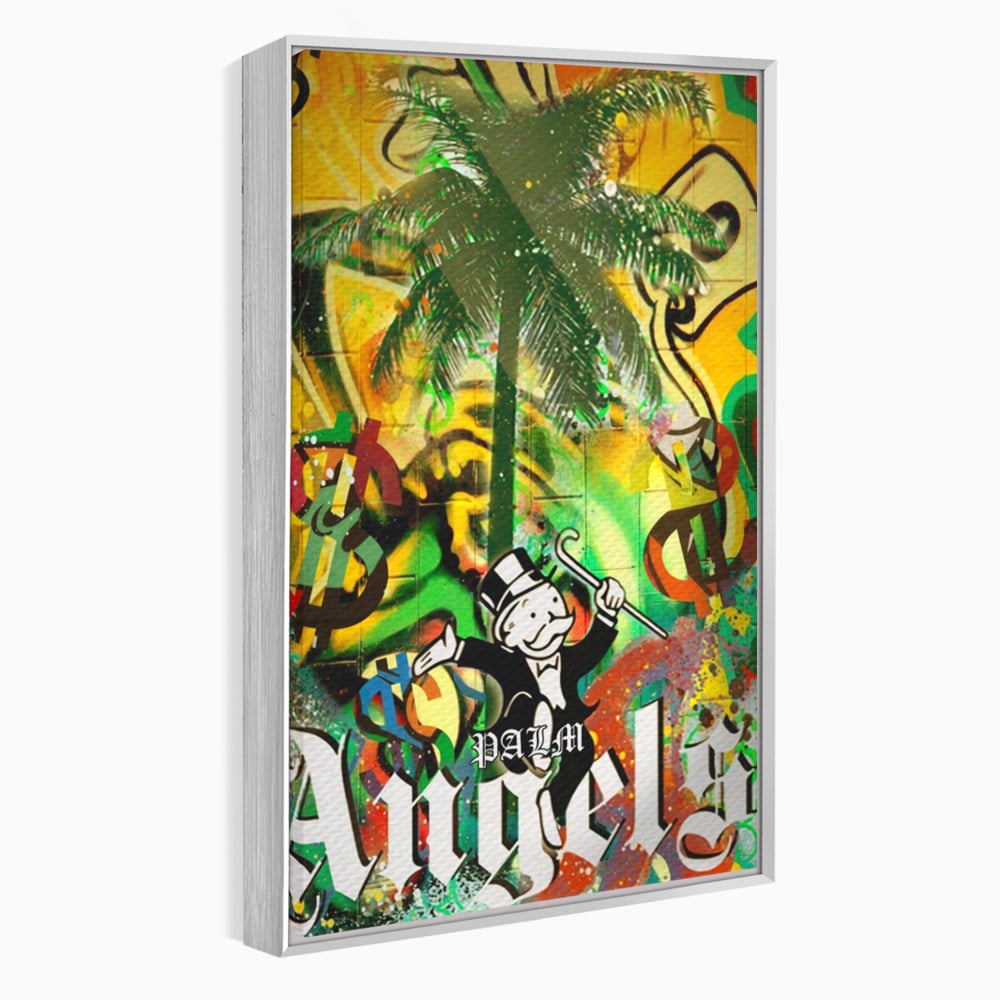 Tablou canvas cu tablou canvas cu graffiti monopoly si palmier, in rama de aluminiu argintiu